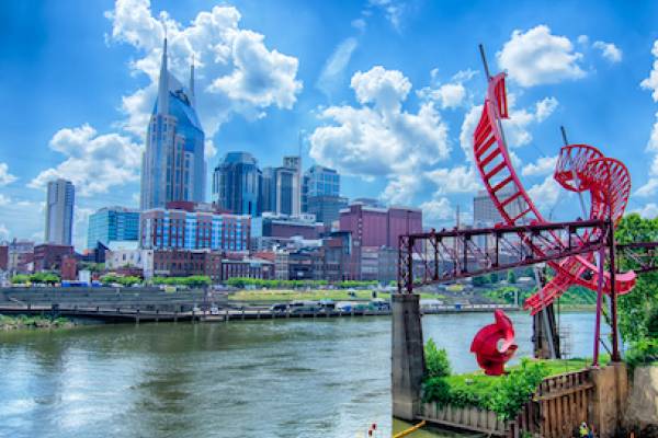 view of nashville skyline from the east bank of the cumberland river