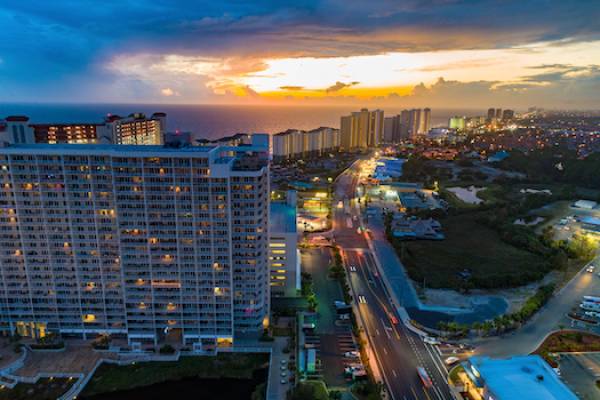 view of downtown panama city beach at sunset