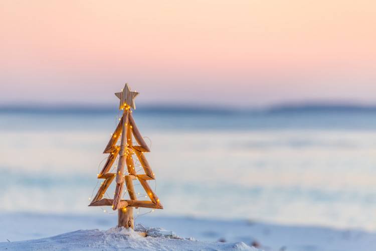 Small wooden christmas tree on the beach at twilight