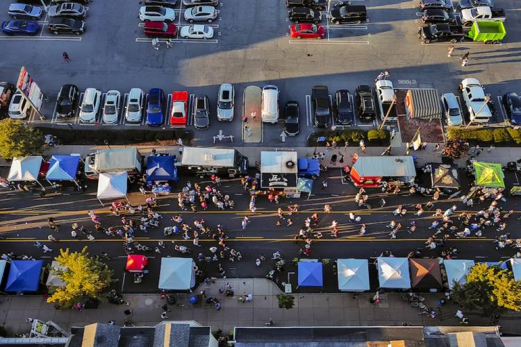 aerial view of food trucks