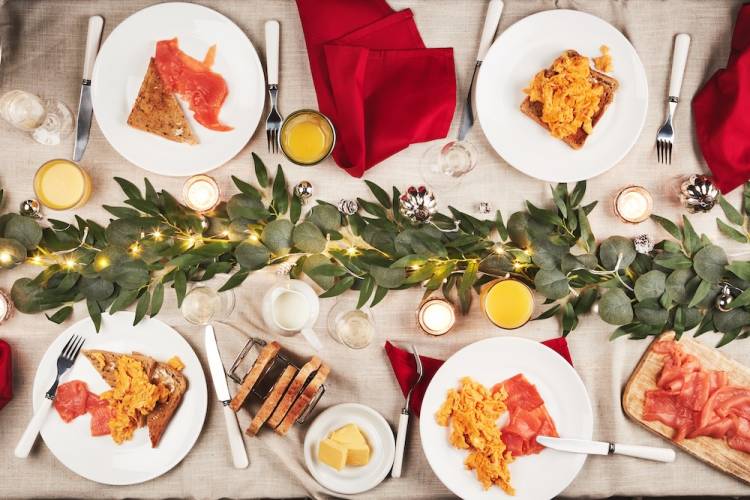 aerial view of a table set for a holiday brunch