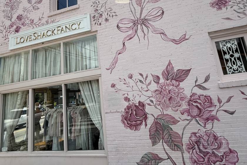 Love Shack Fancy pink floral mural 12 south mural in nashville